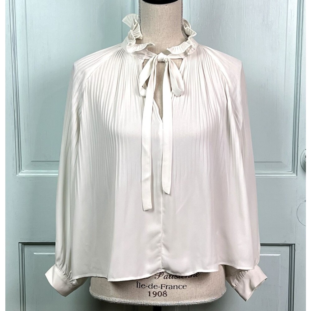 Eri + Ali Ivory Chiffon Tie-Front Blouse Pleated Ruffled Collar Sz XSP Librarian